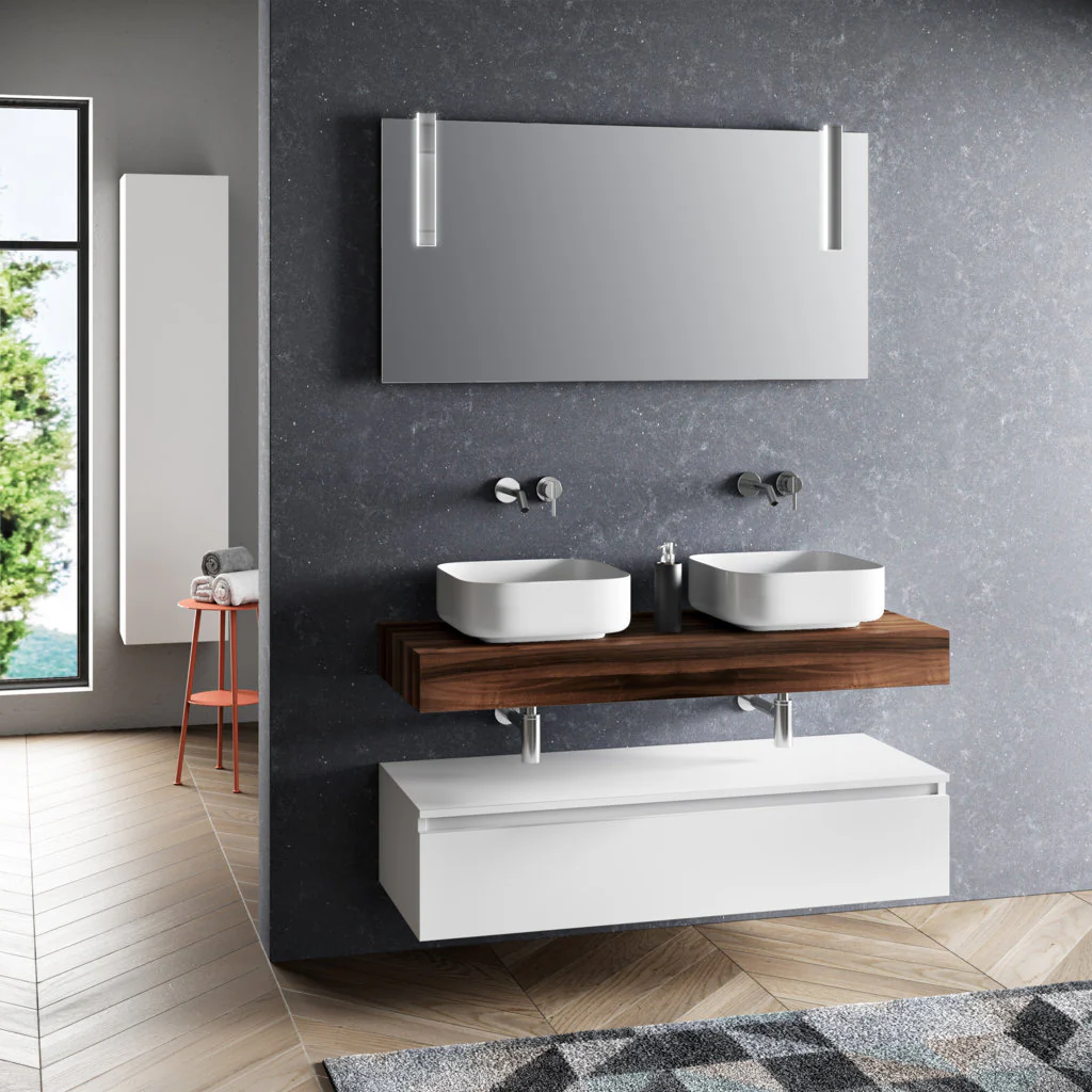 Composizione doppio lavabo 7 pezzi YOKA  noce/bianco
