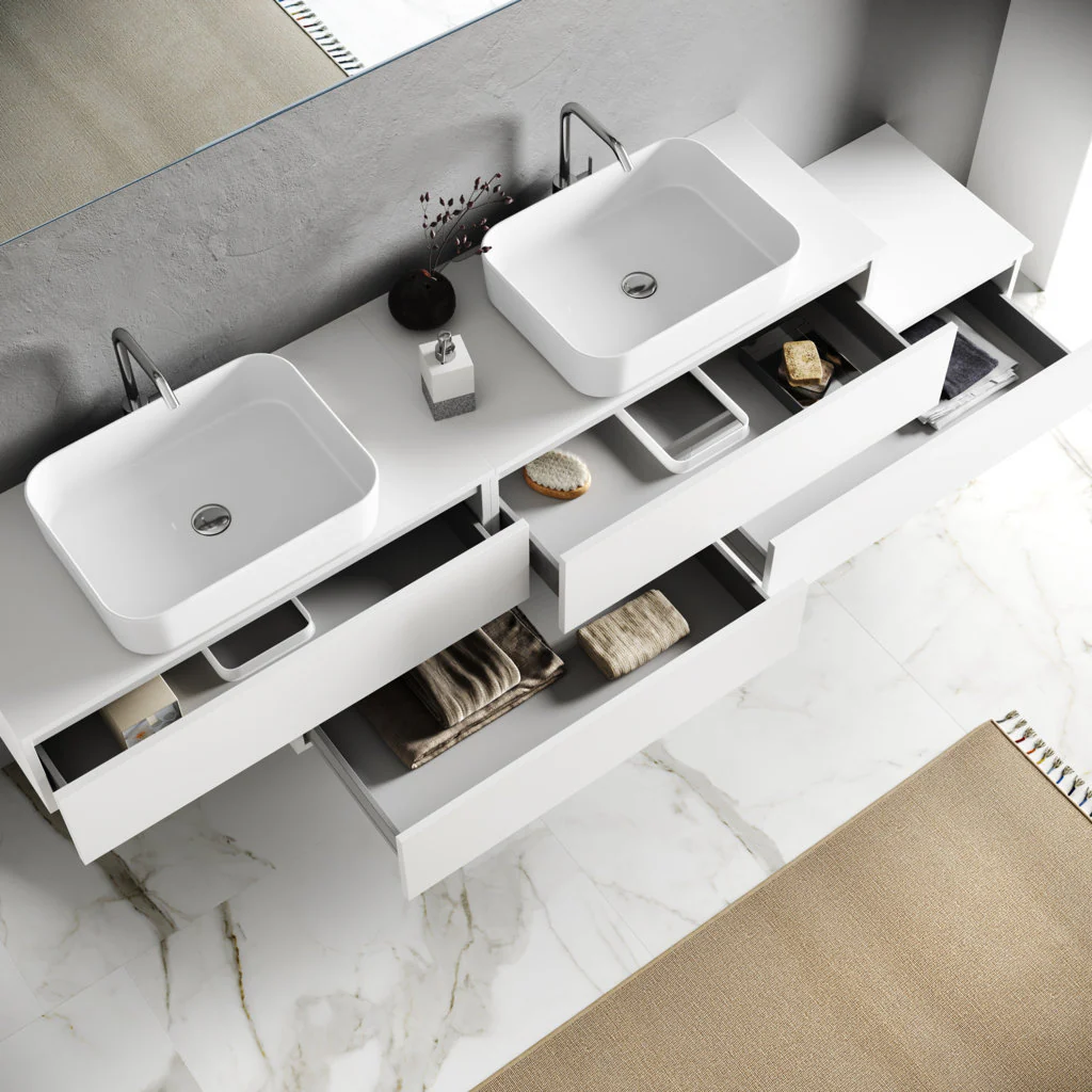 Composizione doppio lavabo 9 pezzi YOKA bianco lavabo rettangolare - Image 2