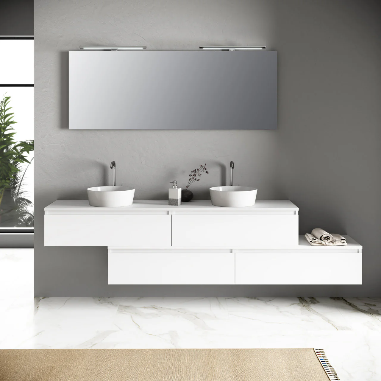 Composizione doppio lavabo 9 pezzi YOKA bianco 225cm