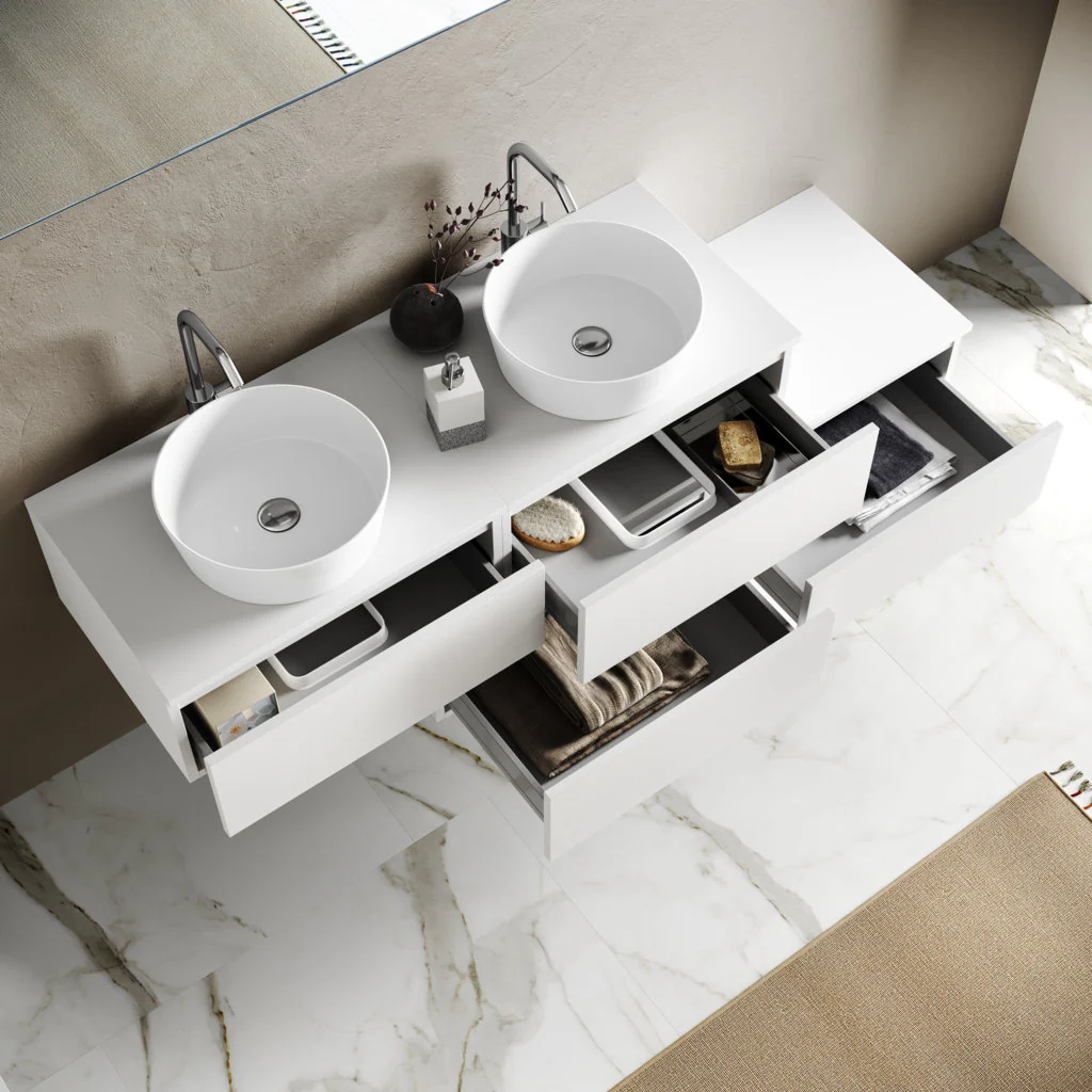 Composizione doppio lavabo 9 pezzi YOKA bianco 225cm - Image 2