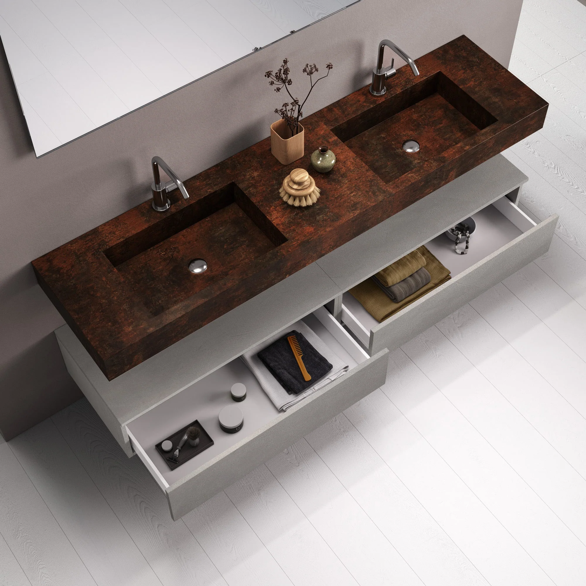 Composizione doppio lavabo YOKA-22 corten/bianco pietra - Image 2
