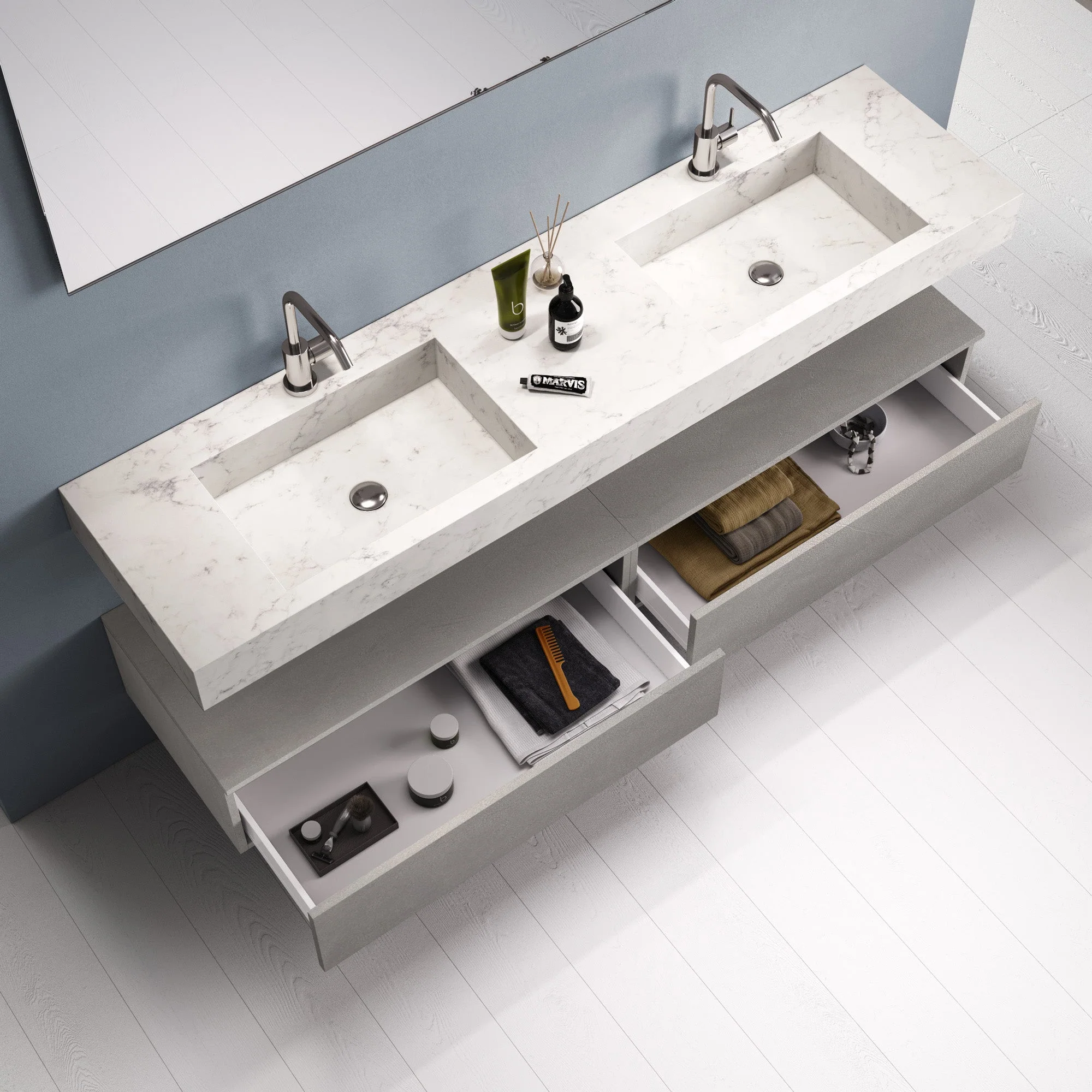 Composizione doppio lavabo YOKA-22 marmo carrara/bianco pietra - Image 2